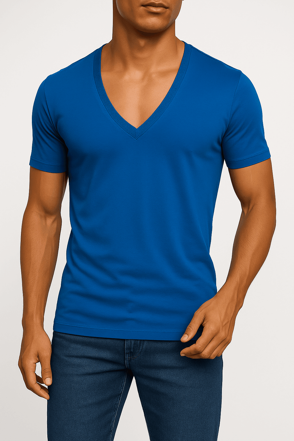 T-shirt męski głęboki dekolt Alpha V niebeski W5510 - DANNY