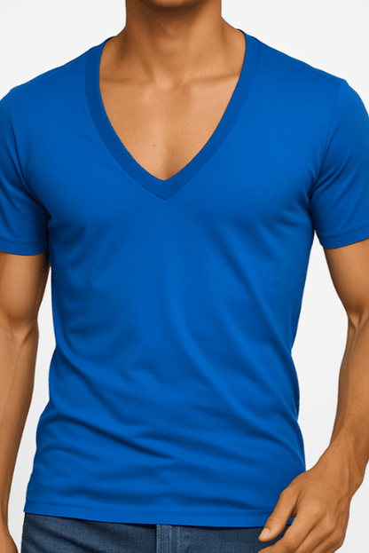 T-shirt męski głęboki dekolt Alpha V niebeski W5510 - DANNY