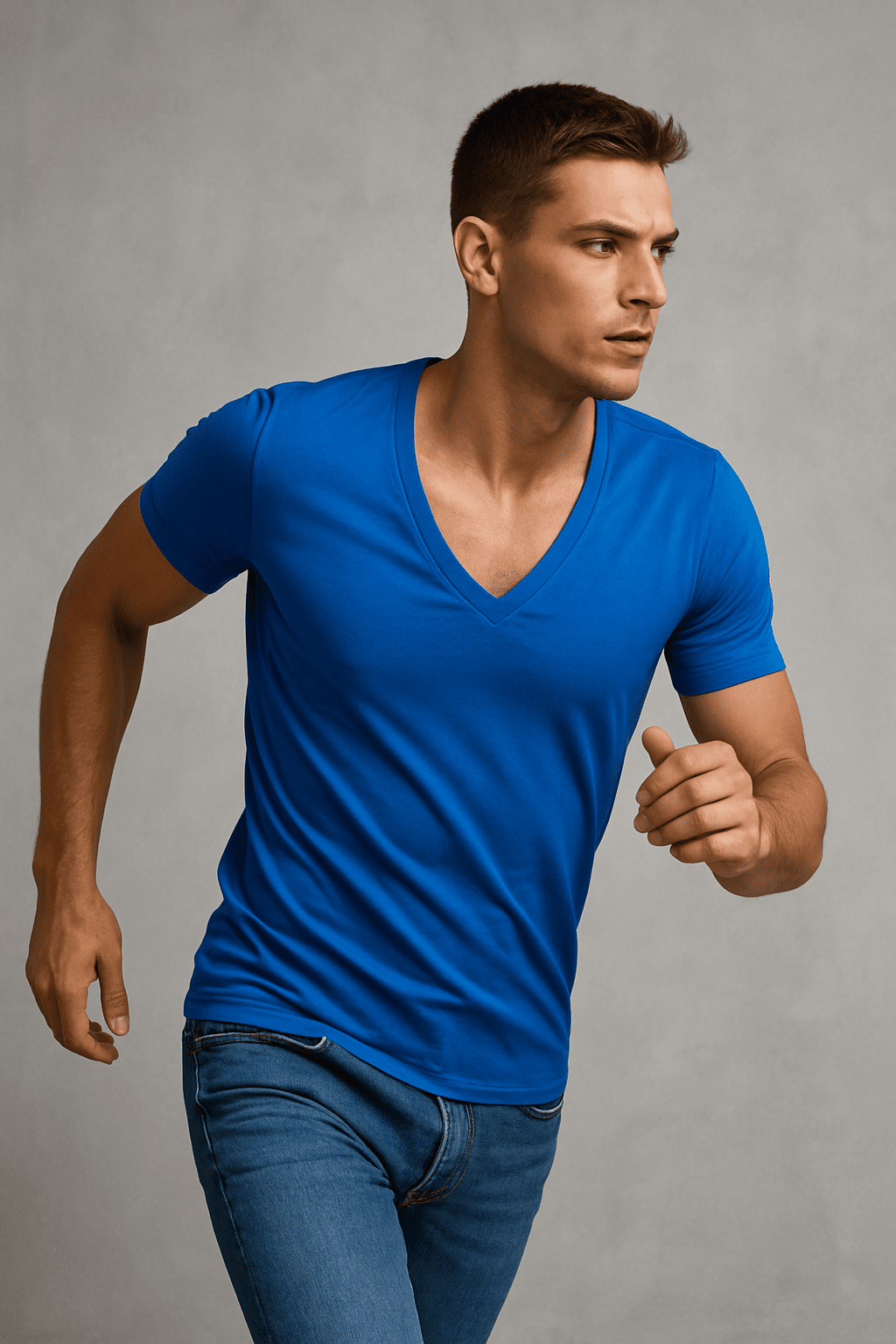 T-shirt męski głęboki dekolt Alpha V niebeski W5510 - DANNY