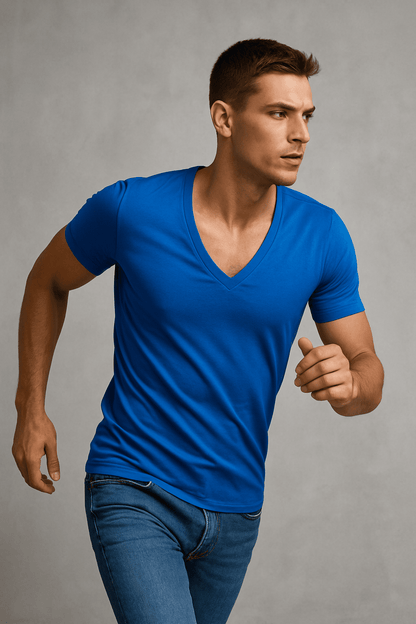 T-shirt męski głęboki dekolt Alpha V niebeski W5510 - DANNY