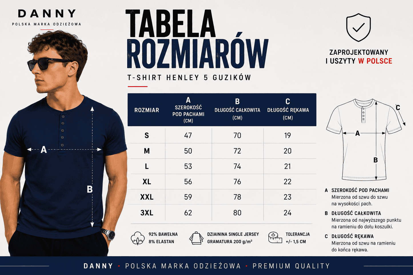Koszulka męska henley granatowa tabela rozmiarow Danny 