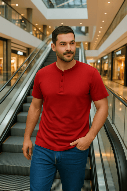 T-shirt męski zapinany na guziki Henley czerwony W5504 - DANNY