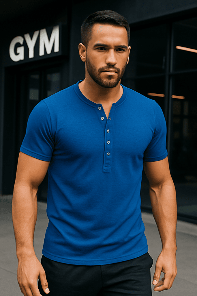 T-shirt męski zapinany na guziki Henley niebieski W5504 - DANNY