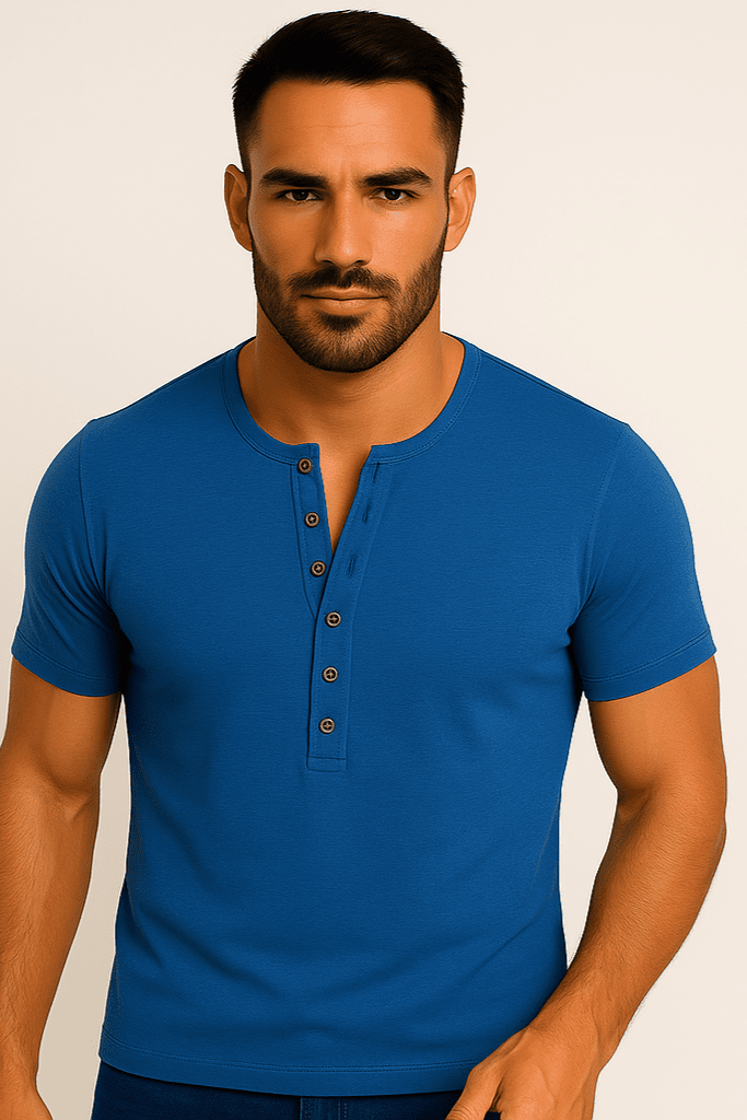 T-shirt męski zapinany na guziki Henley niebieski W5504 - DANNY