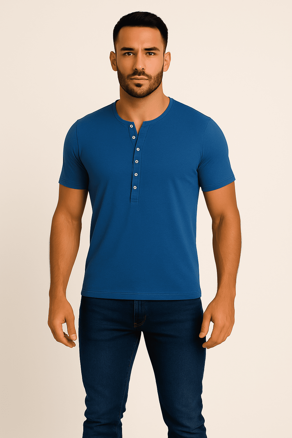 T-shirt męski zapinany na guziki Henley niebieski W5504 - DANNY