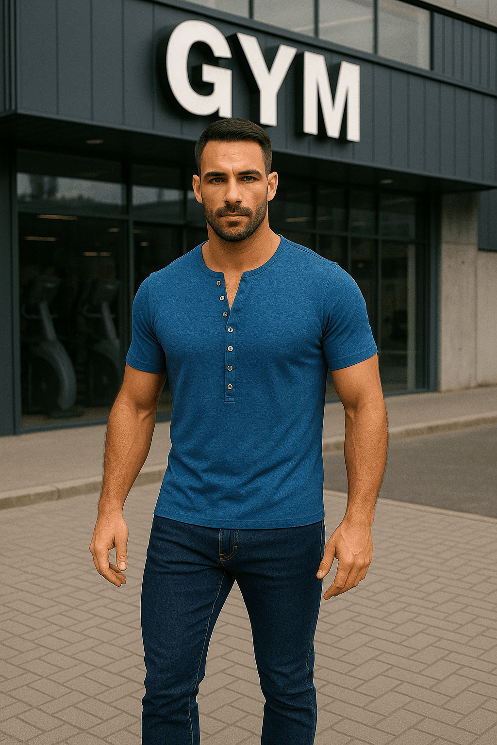 T-shirt męski zapinany na guziki Henley niebieski W5504 - DANNY