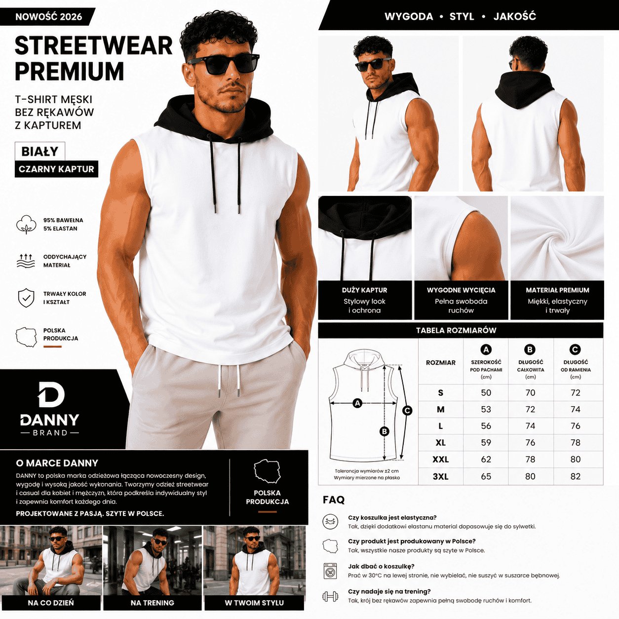 T-shirt nbiały z czarnym kapturem Danny tabela
