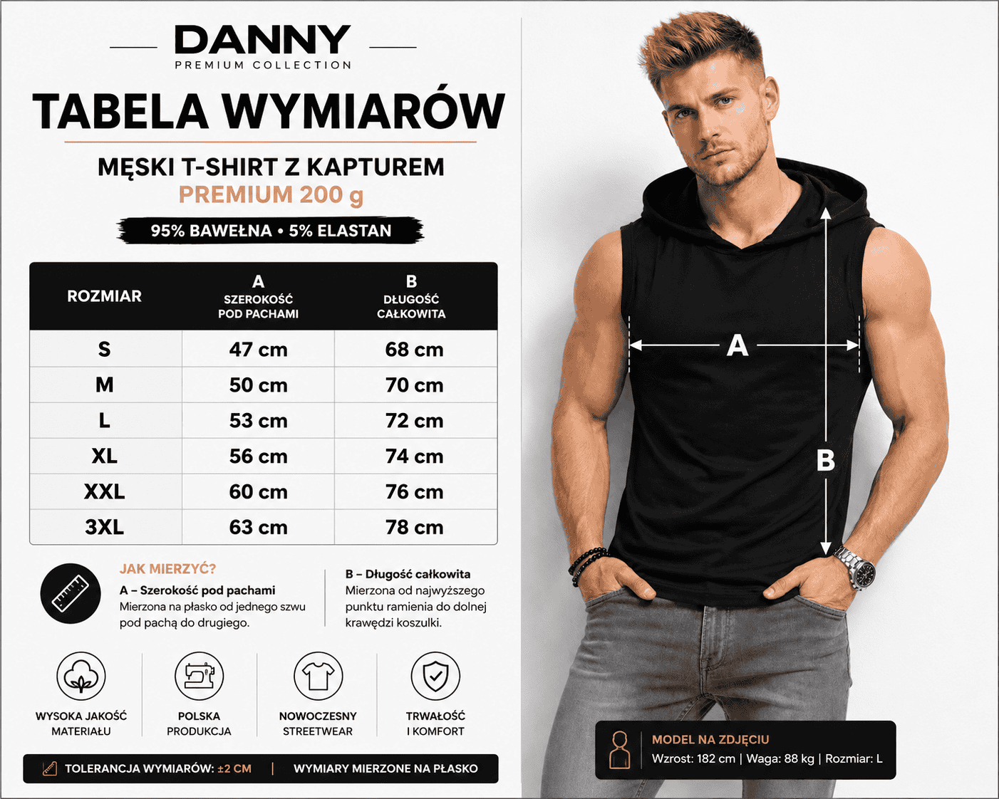 Męski T-shirt Bez Rękawów z Kapturem Czarny W5505 tabela