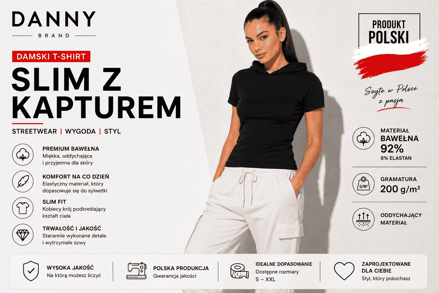 Damski T-shirt z kapturem czarny Slim Fit – DANNY