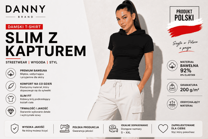Damski T-shirt z kapturem czarny Slim Fit – DANNY