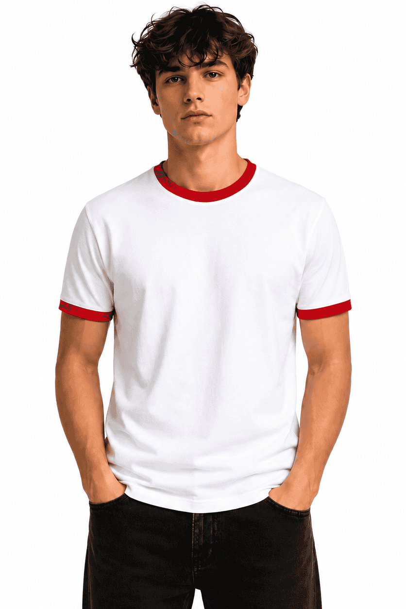 t-shirt-meski-bialy-czerwony-dekolt-premium-95-bawelna-danny- przod