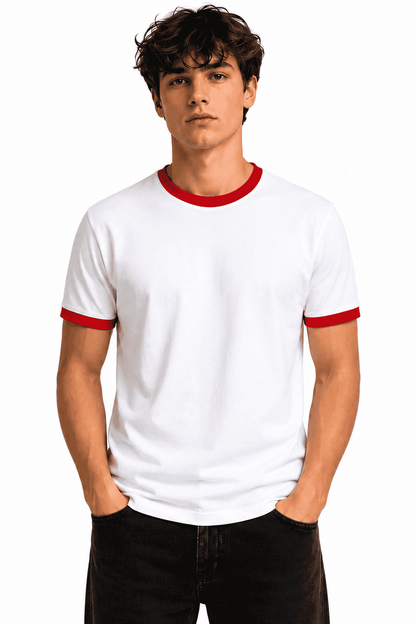 t-shirt-meski-bialy-czerwony-dekolt-premium-95-bawelna-danny- przod