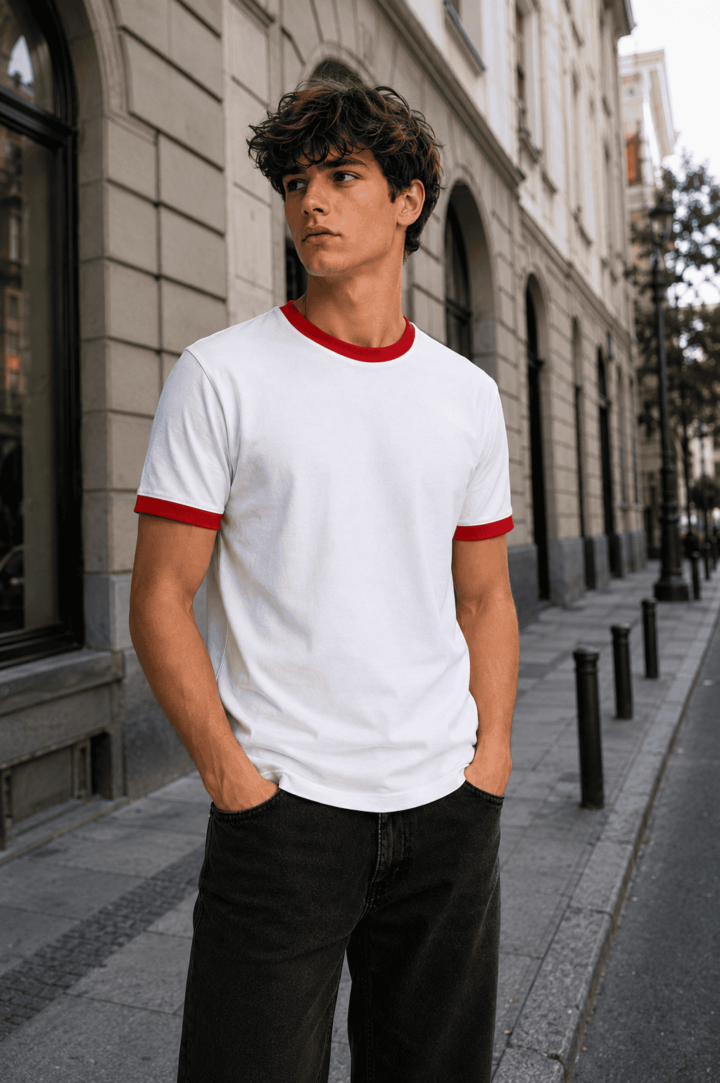 t-shirt-meski-bialy-czerwony-dekolt-premium-95-bawelna-danny- street2