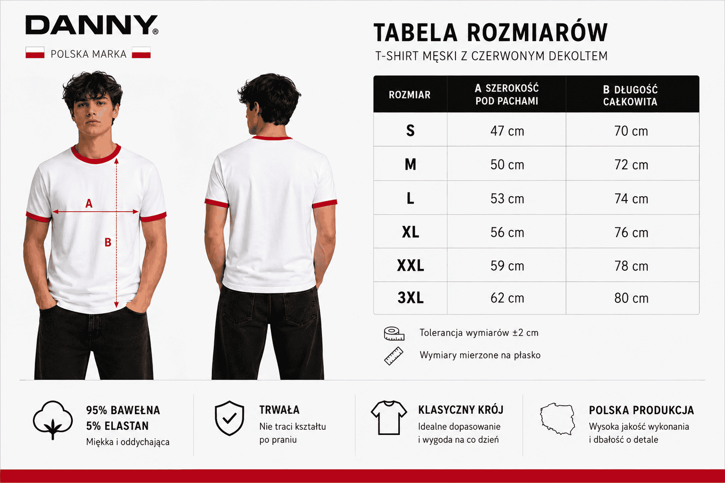T-shirt Męski Biały z Czerwonym Dekoltem – Premium 95% Bawełna 200 g | DANNY Atrakt Sp z O O