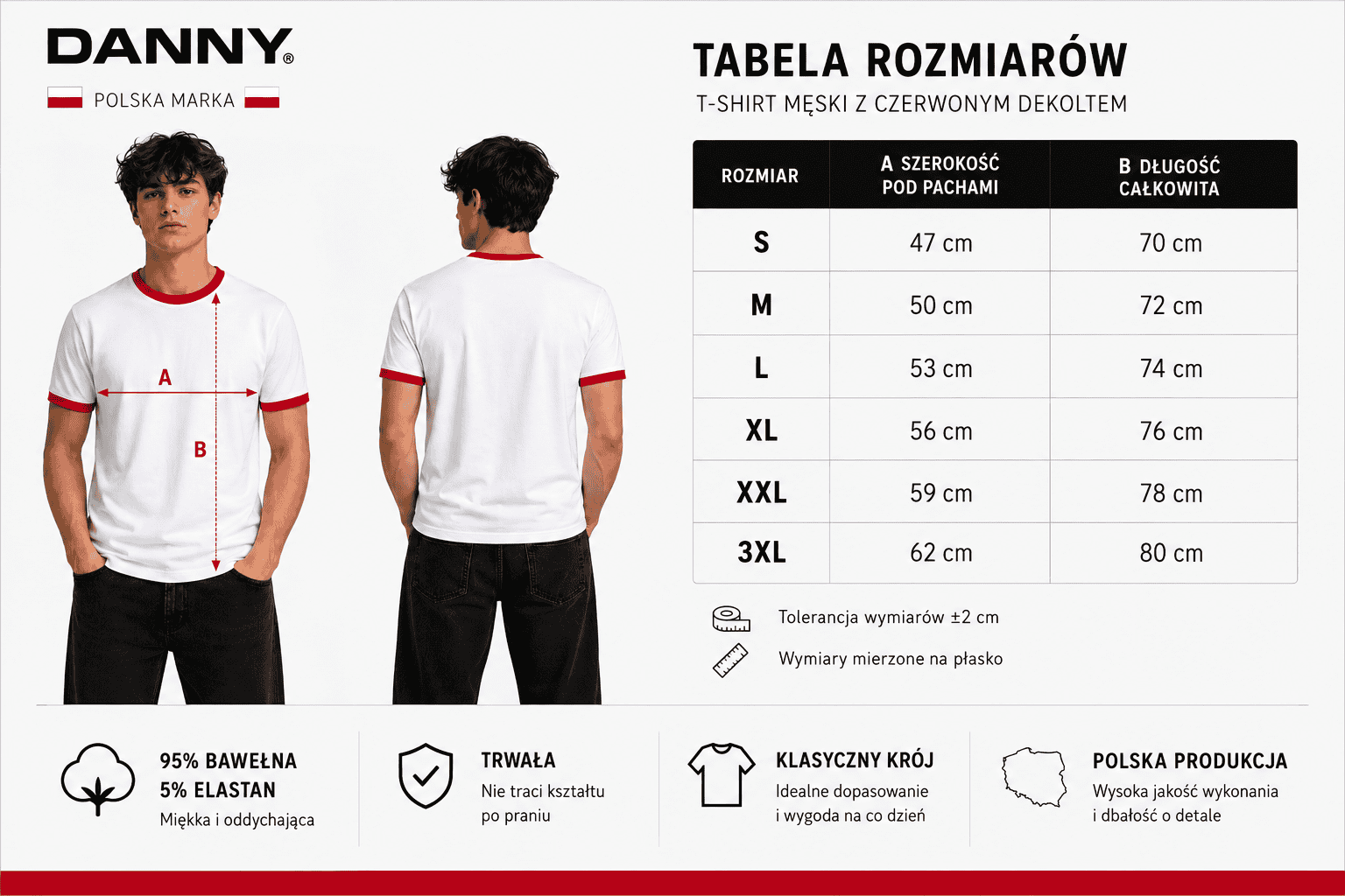 T-shirt Męski Biały z Czerwonym Dekoltem – Premium 95% Bawełna 200 g | DANNY Atrakt Sp z O O