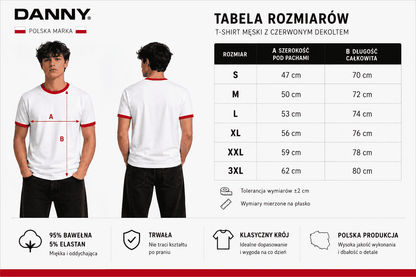 T-shirt Męski Biały z Czerwonym Dekoltem – Premium 95% Bawełna 200 g | DANNY Atrakt Sp z O O