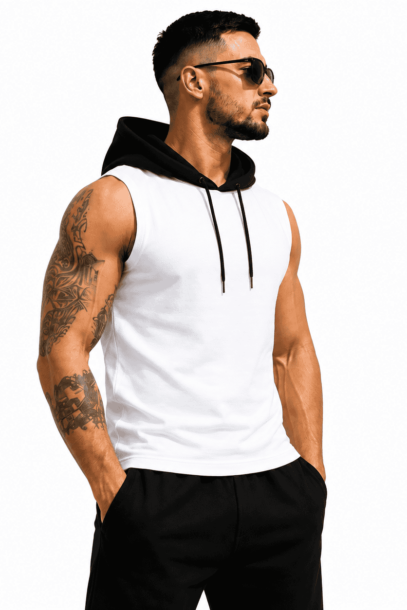 T-shirt nbiały z czarnym kapturem Danny profil