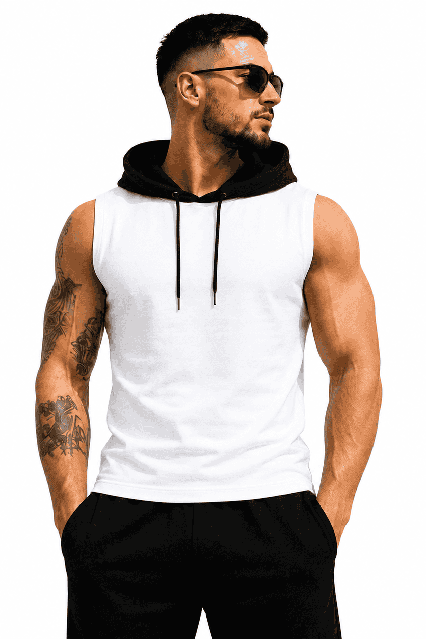 T-shirt nbiały z czarnym kapturem Danny front