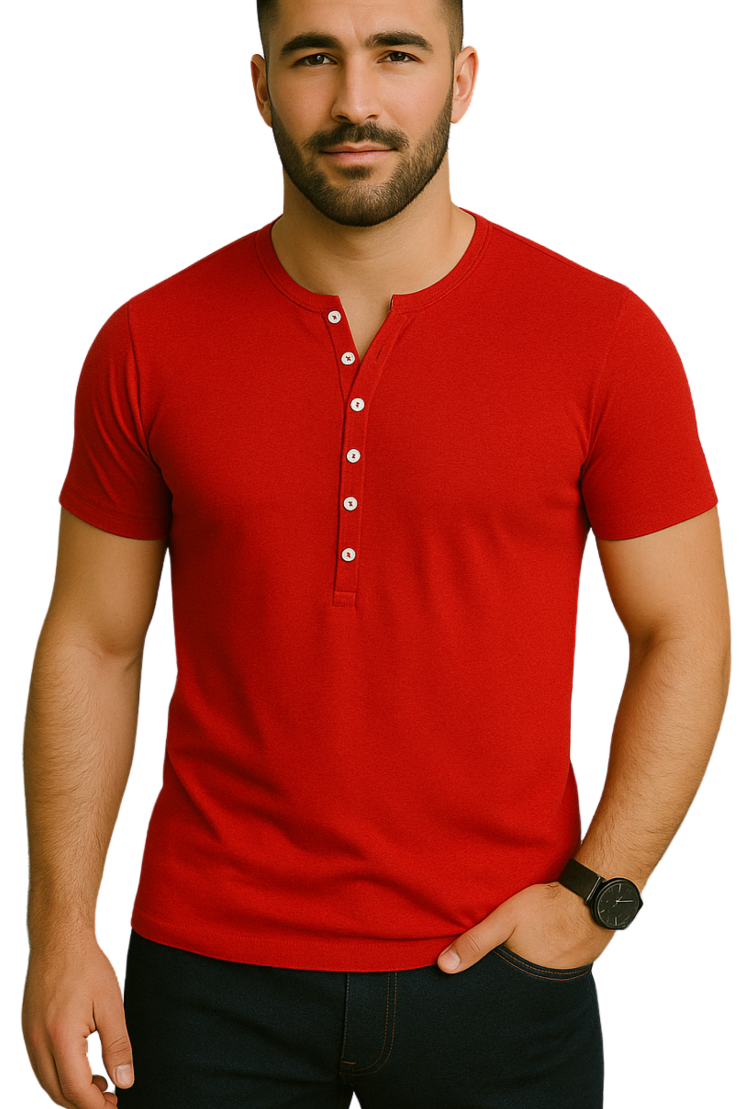 T-shirt męski zapinany na guziki Henley czerwony E101