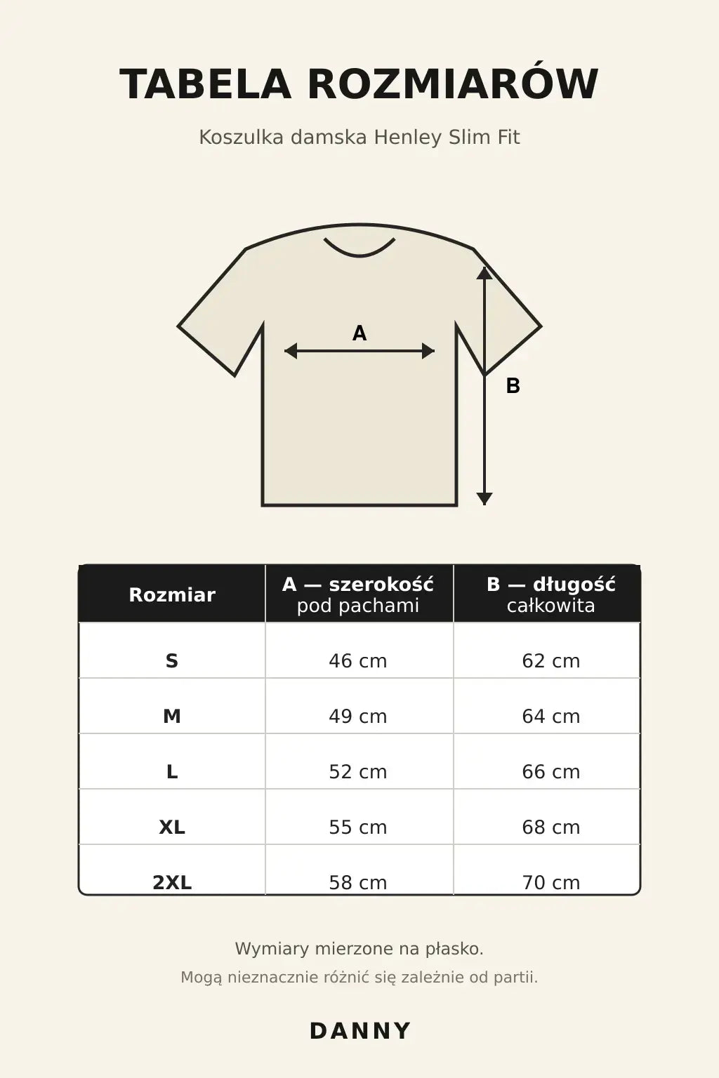 Tabela rozmiarów bordowej koszulki damskiej Henley DANNY S–2XL
