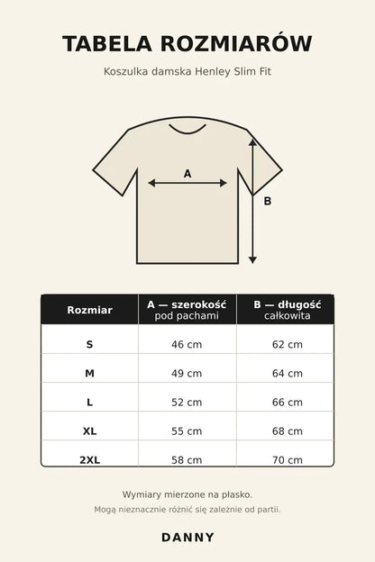 Tabela rozmiarów bordowej koszulki damskiej Henley DANNY S–2XL