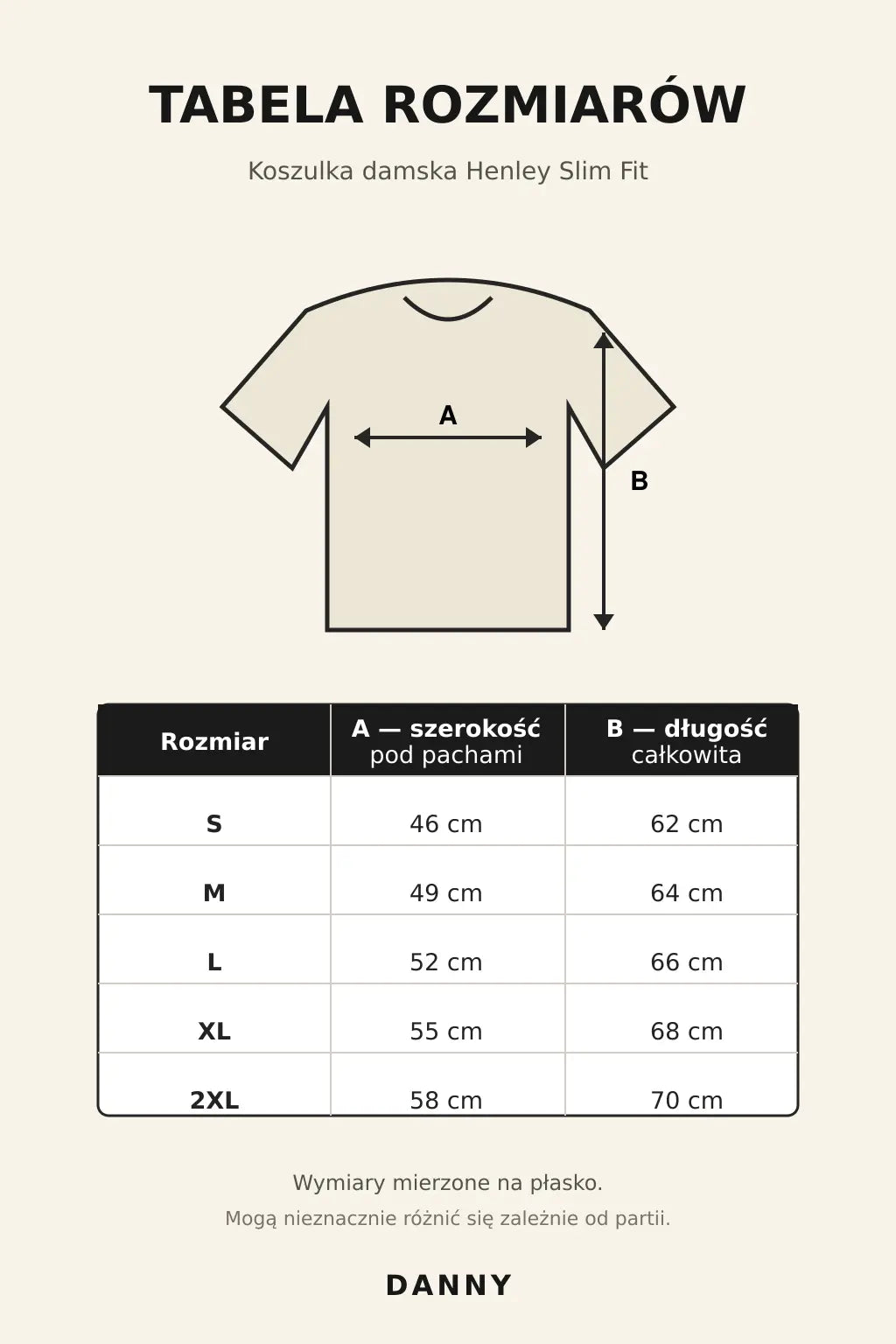 Tabela rozmiarów koszulki damskiej Henley DANNY S–2XL