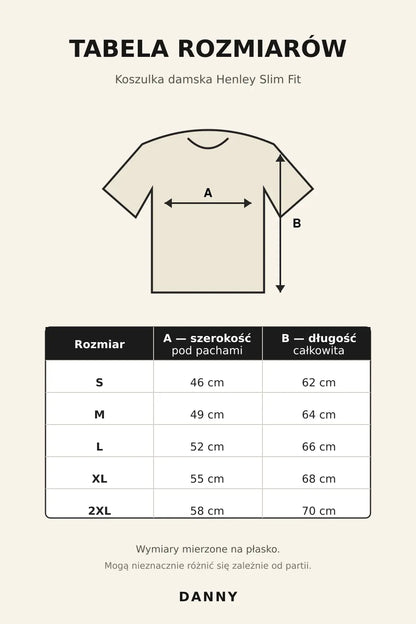 Tabela rozmiarów koszulki damskiej Henley DANNY S–2XL