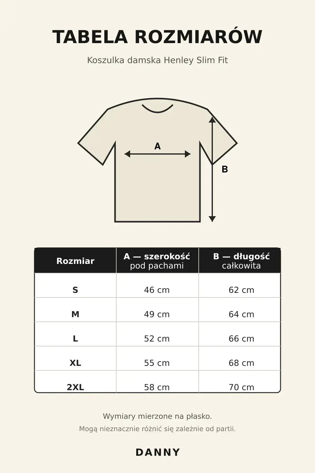 Tabela rozmiarów koszulki damskiej Henley Olive 2 DANNY S–2XL