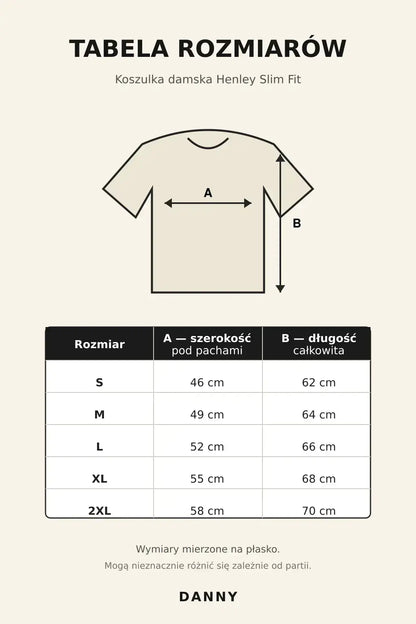 Tabela rozmiarów koszulki damskiej Henley Olive 2 DANNY S–2XL