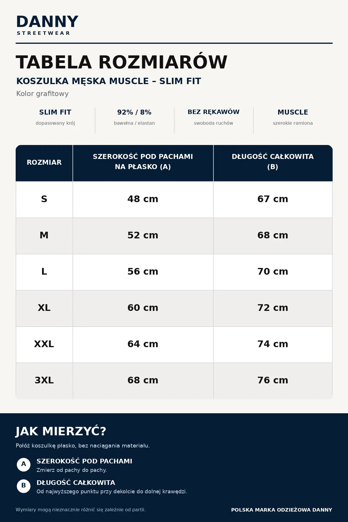 Tabela rozmiarów koszulki męskiej Muscle DANNY S–3XL