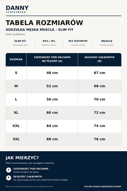Tabela rozmiarów koszulki męskiej Muscle DANNY S–3XL