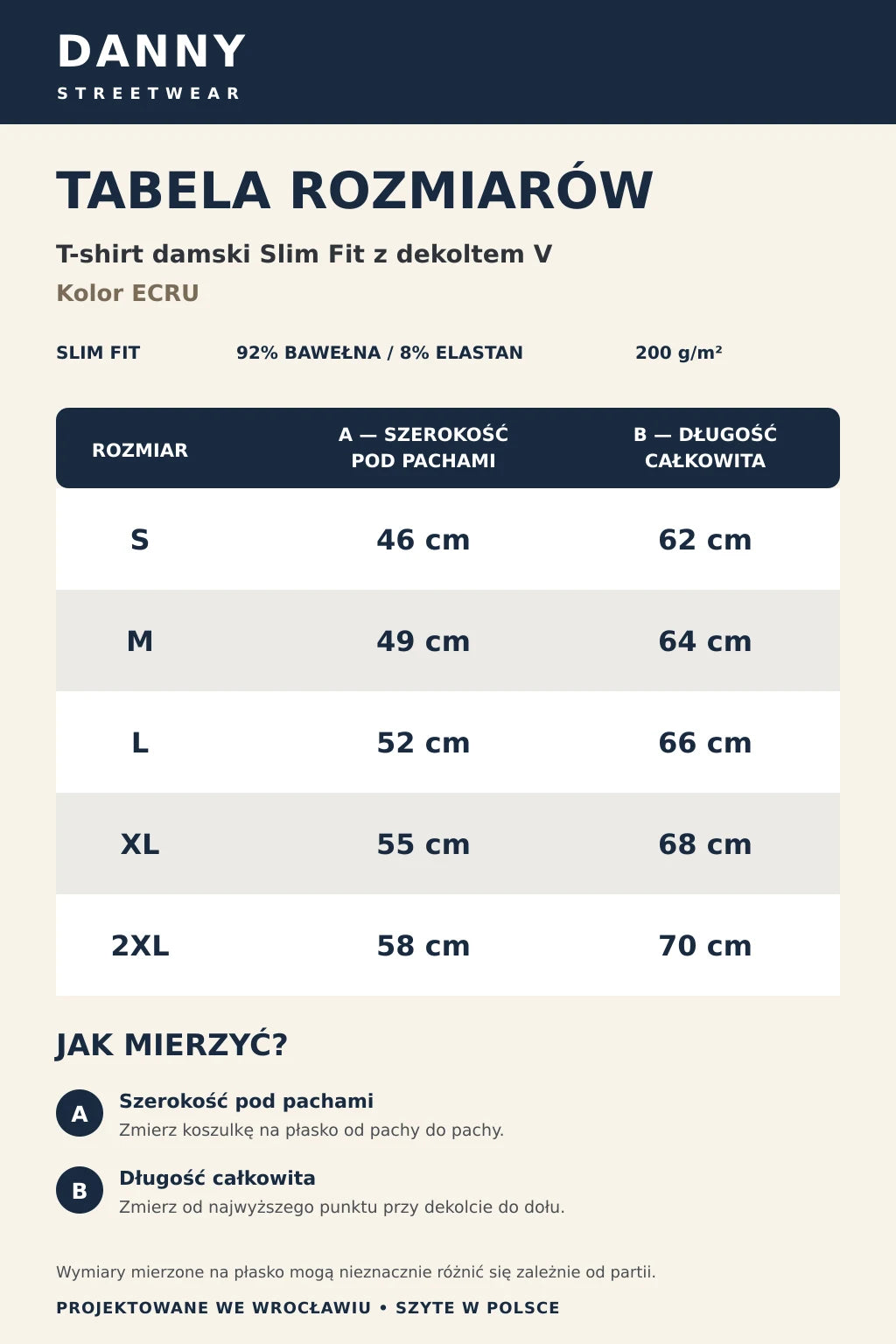 Tabela rozmiarów T-shirtu damskiego Slim Fit ecru S–2XL